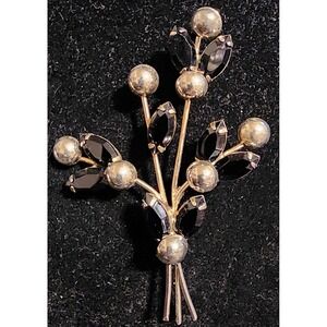 VTG Black Rhinestone Floral Spray Brooch Silver Tone Marquise Flower Pin